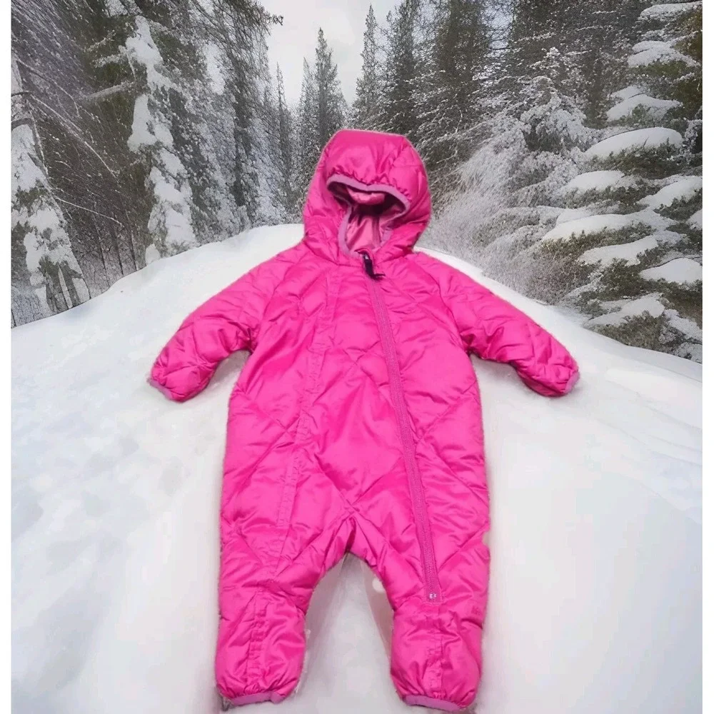 REI Bunting‎ Snowsuit Girls 6M Pink Excellent Down Insulated Quilted Hooded